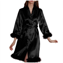 asdoklhq Badjas voor dames, casual badjas met veren, ochtendjas, kimono, satijnen mouwen, badjas, zwart XL