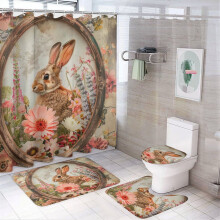 Conjunto de cortina de chuveiro com coelho da Páscoa (4 peças) com coelho marrom e guirlanda de flores, 183 x 183 cm, compatível com chuveiros