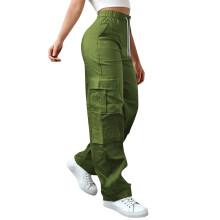 Dames cargobroek met zakken – Lichtgewicht, hoge taille, trekkoord, wijde pijpen – Geschikt voor outdooractiviteiten, wandelen, reizen, kamperen