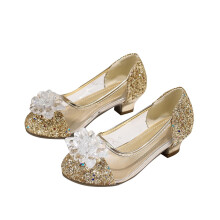 Flickskor Mary Jane Låg Klack Fest Blomma Bröllop Prinsessa Pumps för Små Flickor Guld 4.5-5.5 År