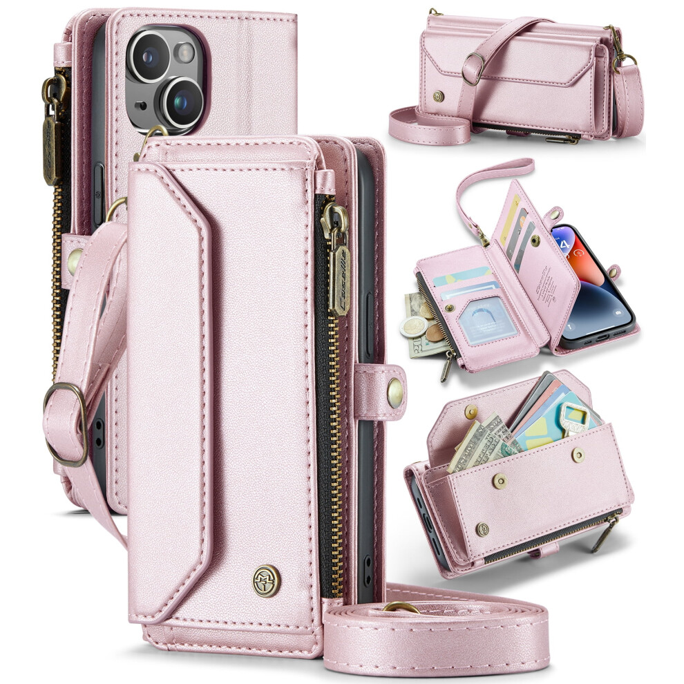 Caseme Leather Wallet Case For Iphone 14 6.1-InchâRfid Blocking, 7-Card Holder, Zipper Bills Slot, Magnetic Wrist Strap, Pink 9482726211136