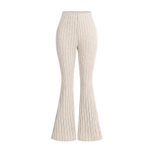 Gebreide flared broek voor meisjes, effen, elastisch, hoge taille, flared broek, geschikt voor tienermeisjes, zomerse sportbroek, casual, beige,