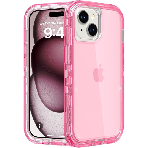 Capa protetora resistente a impactos, anti-queda, tripla camada, transparente, compatível com iPhone 15, rosa cristal.