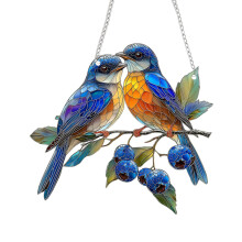 Blue Bird Stained Glass Window Hanging Bird on Branch Stained Glass Plate Suitable for Indoor Window Hanging, 1*Pendant Blue