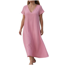 Vestido largo de mujer con escote redondo, fruncido, falda fluida, tirantes anchos, estilo casual, sin mangas, con bolsillos laterales, color rosa,