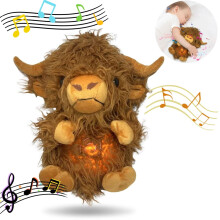 Pelúcia de vaca das Terras Altas com respiração realista, luz e música – Modos ajustáveis, brinquedo de pelúcia para dormir, presente para