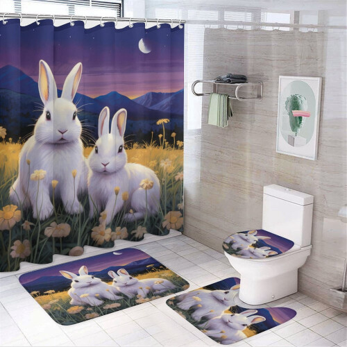 Ensemble rideau de douche 4 pièces White Bunnies Moonlight Field