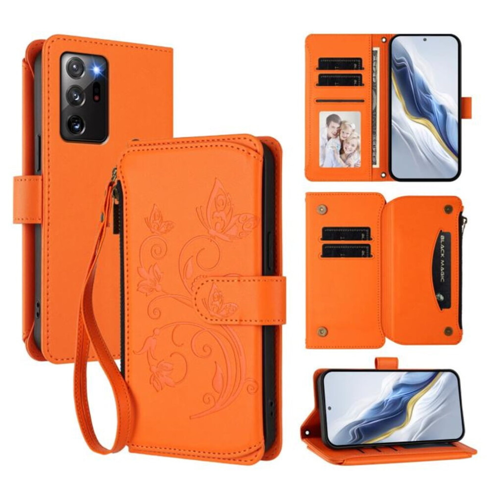 Magnetic Flip Stand Case For Compatible With Samsung Galaxy Note20 Ultra Â Lanyard, 5-Card Holder, Butterfly Flower Design Orange 9482726211648