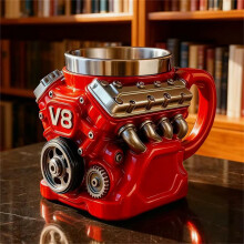 V8-Motor-Kaffeebecher, 350 ml Retro-Motor-Kaffeebecher, doppelwandiger, isolierter Kaffeebecher mit Automotiv und Henkel, ein einzigartiges Geschenk