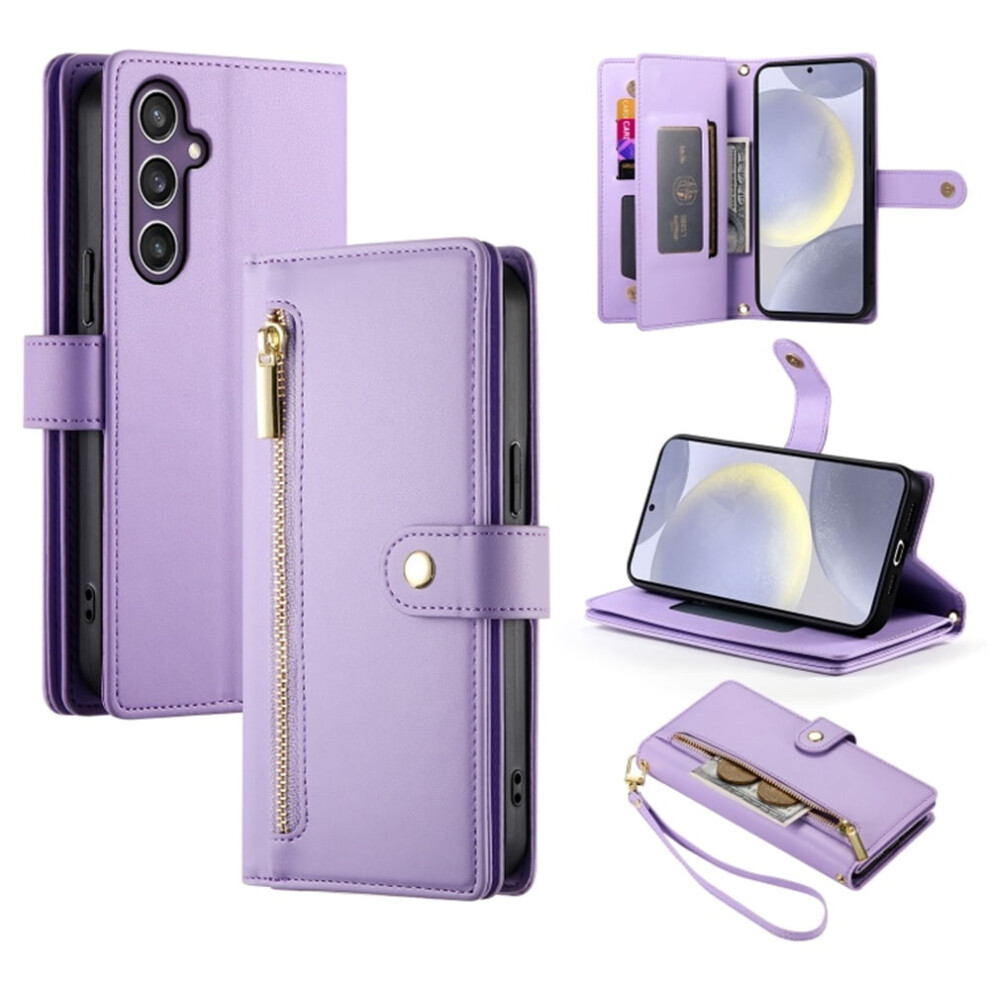 Leather Wallet Case For Samsung Galaxy S25 5G Â Multi-Card Slots, Zipper Pocket, Lanyard Strap, Wristlet Purple 9482726211952