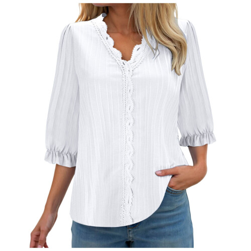 Γυναικείο T-Shirt με Χαλαρή Γραμμή και V λαιμόκοψη, Χρώματα Μπλοκ Μπλουζάκι, Λευκό XXL