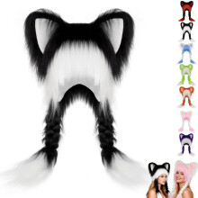 Kattenoortjesmuts met vlechtjes, schattige pluche dierenoortjesmuts met staartjes, zachte warme wintermuts voor dames, leuk cosplay-accessoire en