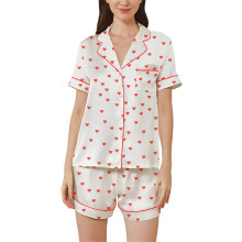 (S, Purple) Women Pajama Set, Heart Bow Print Short Sleeve Button Closure Top with Shorts Sleepwear Loungewear for Valentine's Day