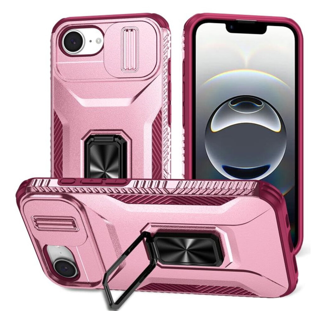 Slim Shockproof Hybrid Case For Iphone 16E Â Slide Camera Cover, Rotated Ring Kickstand, Military-Grade, Pink 9482726213543