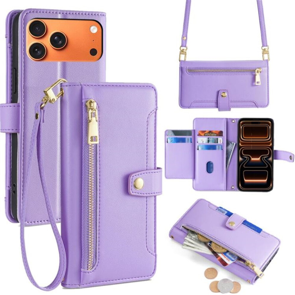 Leather Wallet Case For Compatible With Iphone 17 Pro 6.3": 6-Card Holder, Zipper Bills Slot, Soft Sheepskin Strap Â Purple 9482726213925