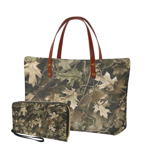 Damenhandtasche mit Camouflage-Waldmuster und passender Geldbörse