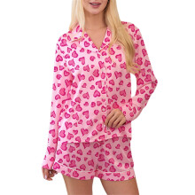 (XL, Rose Red) Women's Valentine's Day Lounge Set Long Sleeve Heart Print Shirt Shorts Sleepwear