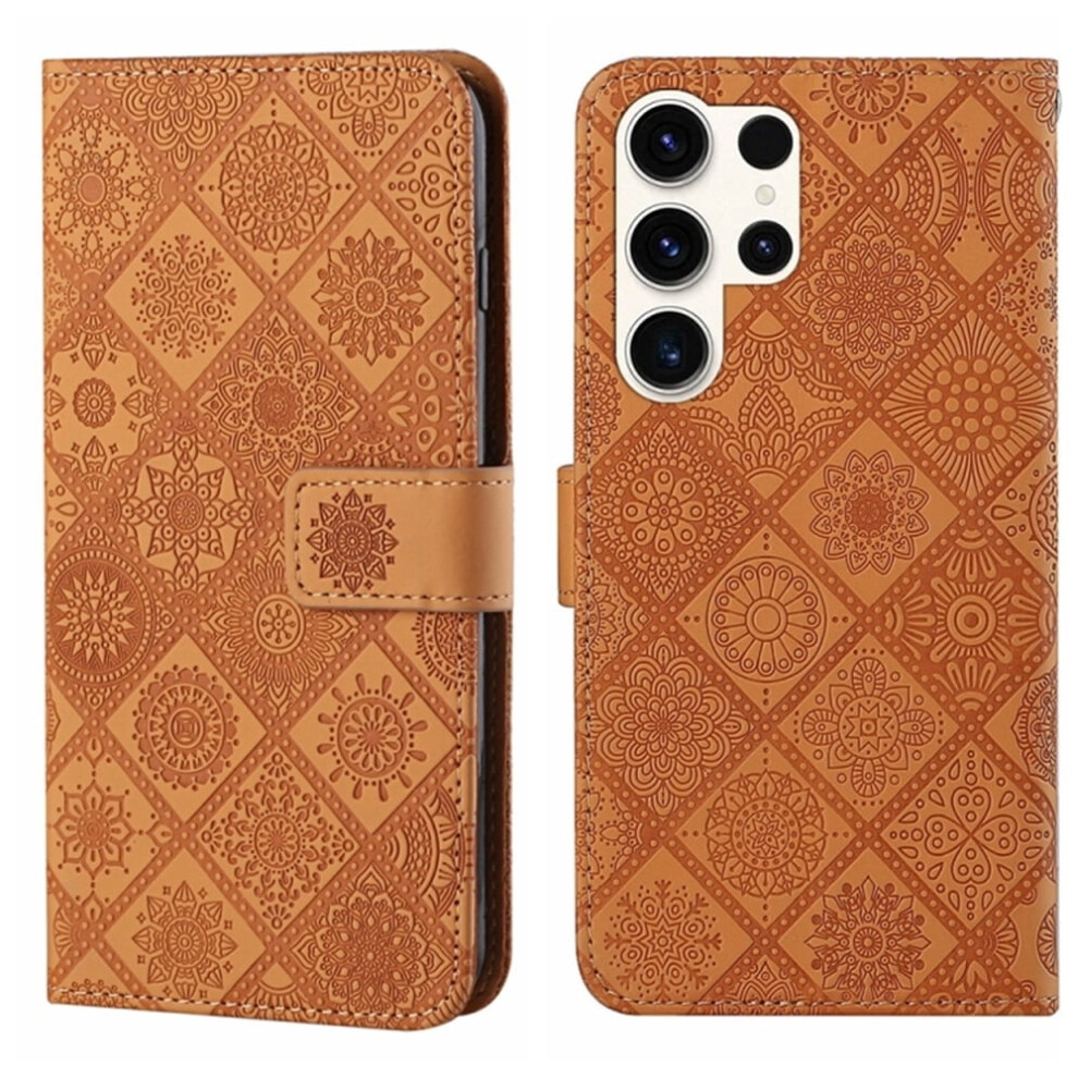 Compatible With Samsung Galaxy S25 Ultra 5G 6.9" Pu Leather Flip Wallet Case Â Embossed Ethnic Design, Magnetic Closure & Card Slots Brown 9482726213772