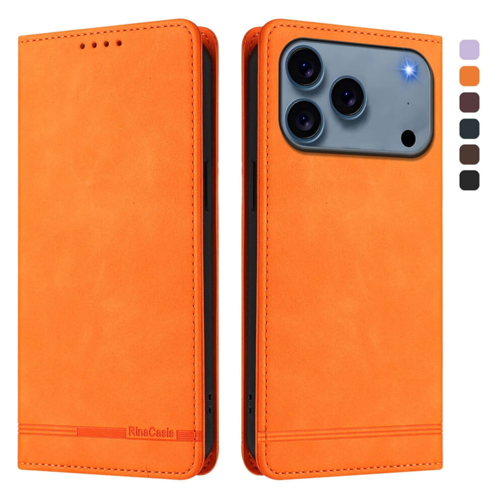 Magnetic Phone Case For Iphone 17 Pro 6.3": Rfid Blocking, Card/Cash Slots, Kickstand, Shockproof Flip Folio, Orange 9482726214465
