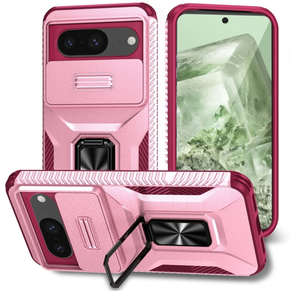 Slim Shockproof Hybrid Case For Google Pixel 8 6.3" – Slide Camera Cover, Rotating Ring Kickstand, Military-Grade, Compatible With Google Pink 9482726214571
