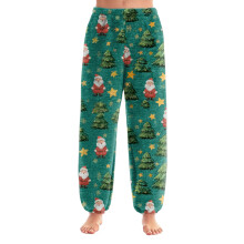 Women's Christmas Print Cuffed Ankle Pants, Casual Pajama Style, Green, Size L