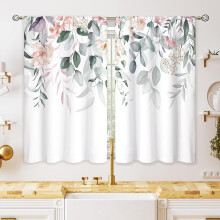 Pink & Green Floral Kitchen Curtains, Botanical Watercolor Design, 27.5x39", Spring Eucalyptus Rose Theme, Cafe/Bathroom Tier Drapes