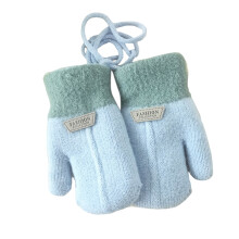 1 Pair Hanging Rope Halter Thickened Fleece Lining Winter Gloves Letter Logo Solid Color Baby Knitting Mittens