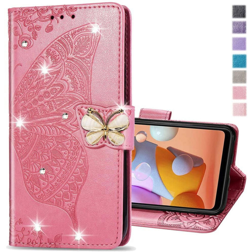 Crystal Glitter Wallet Case With Card Holder & Stand For Motorola Moto G Play 4G 2024 Â Butterfly Design Pink 9327961816046