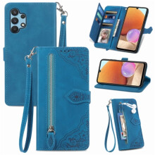 Compatible with Samsung Galaxy A32 4G 6.5" PU Leather Magnetic Flip Wallet Case with Lanyard, Wristlet & Zipper Card Holder