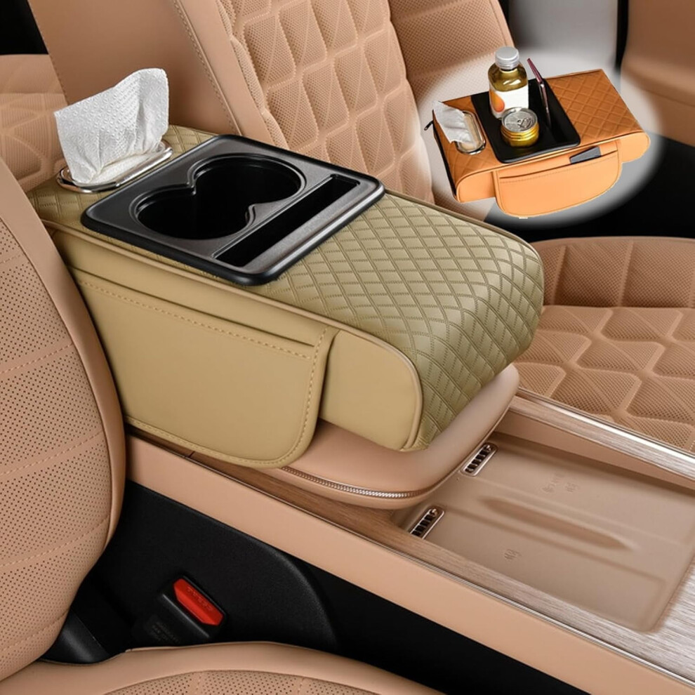 Multifunctional Pu Leather Car Armrest Box Mat | Car Cup & Tissue Holder With 2 Storage Bags, Phone Slot, Tissue Box Slot 9152228670440
