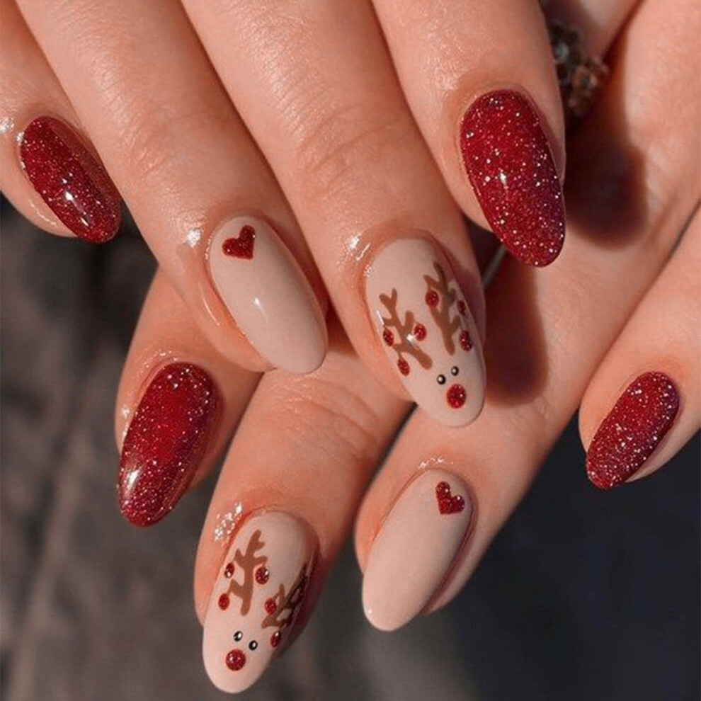 Press on Nails Medium Almond Red Glitter Deer Heart 24Pcs