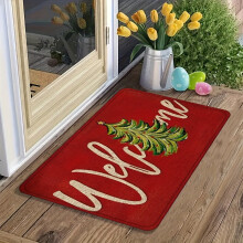 Red and Gold Welcome Door Mat with Green Leaf Wreath