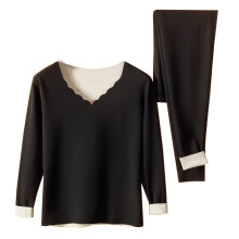 asdoklhq Thermisch ondergoed voor dames, casual effen trui met ronde hals, hoge elasticiteit, warmhoudend, ondergoedsets, zwart 2X