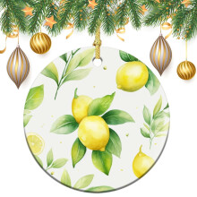 Watercolor Lemon Ceramic Ornament Green Leaves 3 Inch