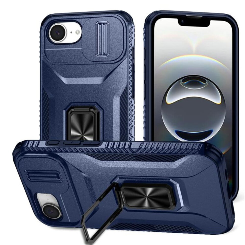 Slim Fit Shockproof Hybrid Case For Iphone 16E Â Military-Grade, Slide Camera Cover & Rotated Ring Kickstand, Blue 9482726215981