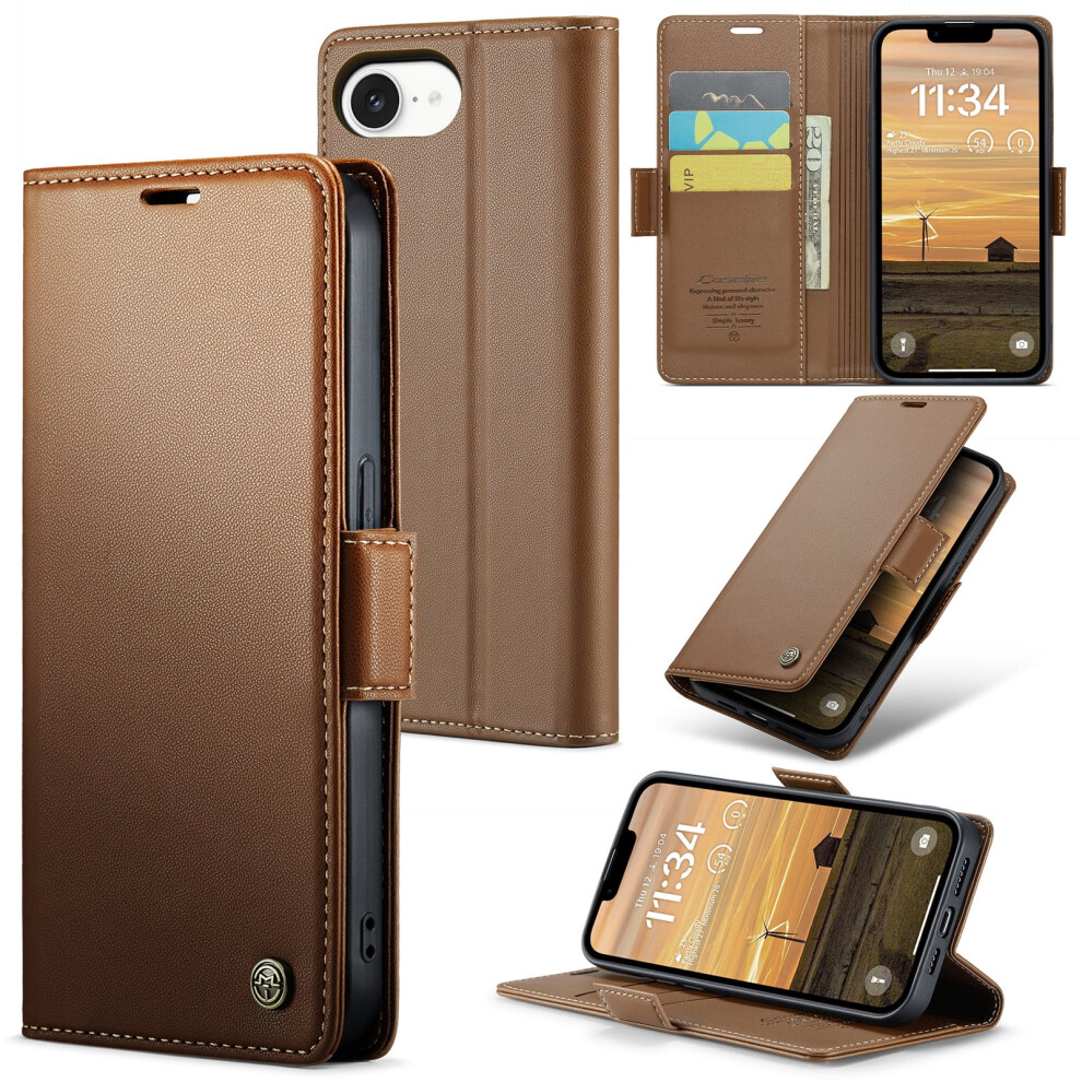 Caseme Leather Wallet Case For Compatible With Iphone 16E Â Rfid Blocking, Magnetic Clasp, Kickstand, Brown 9482726216278