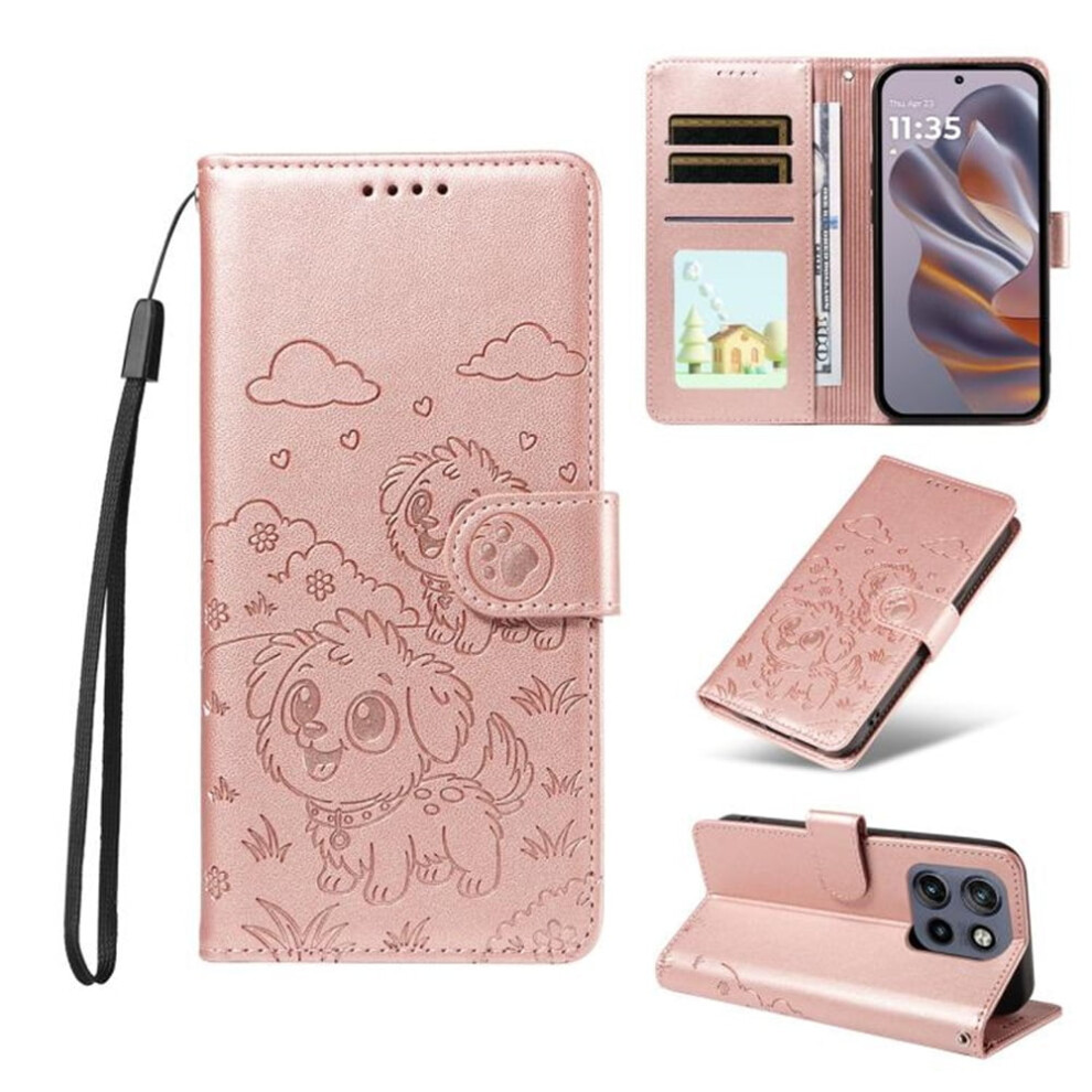 Rfid-Blocking Leather Flip Case With Dog Embossing, Card Slot, Magnetic Clasp, Lanyard & StandâCompatible With Motorola Moto S50 Pink 9482726215424