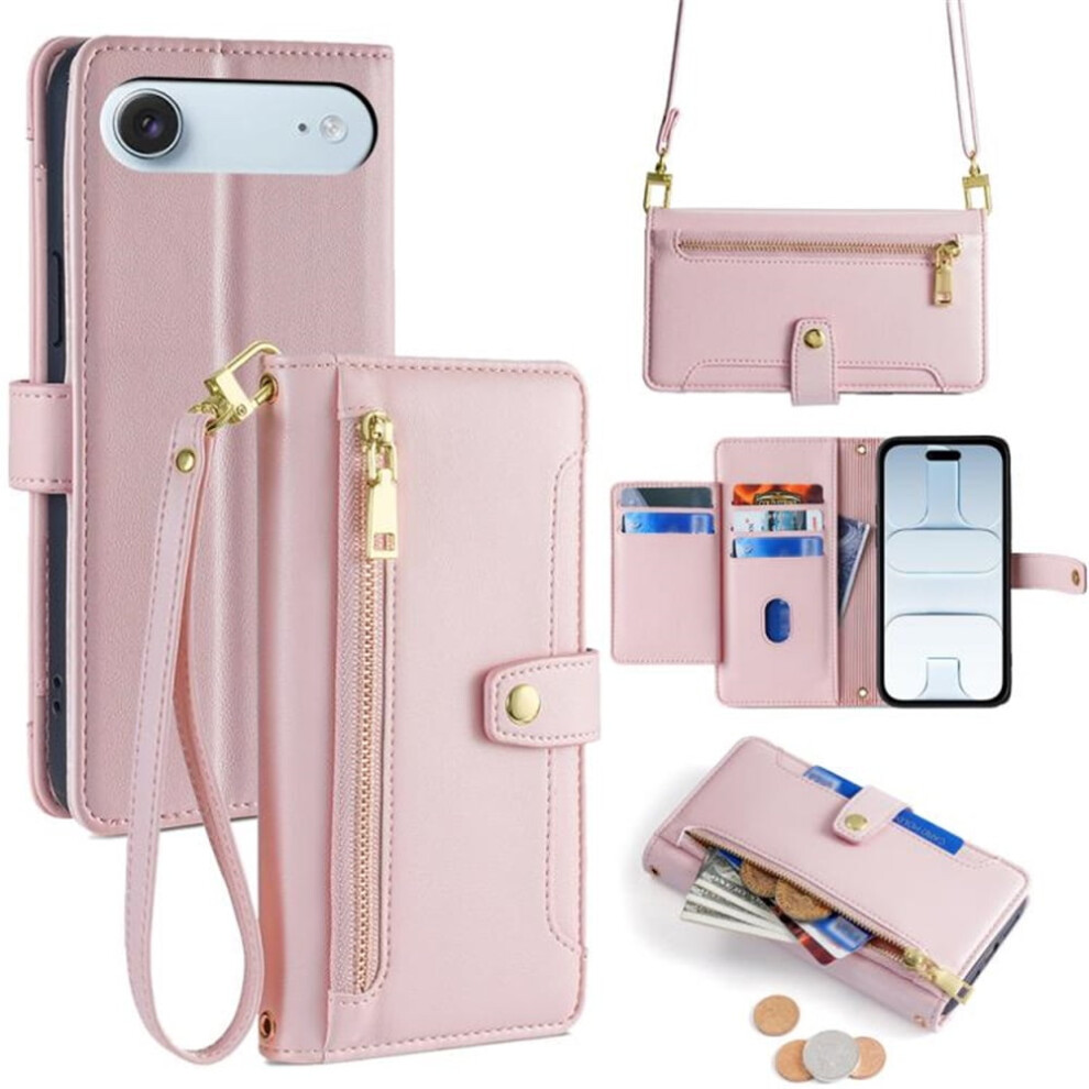 Leather Wallet Case For Iphone Air 6.5" Â 6-Card Holder, Zipper Bills Slot, Soft Sheepskin Strap, Pink 9482726215530