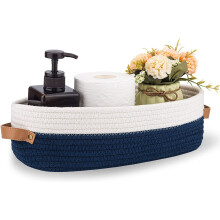 Cotton Rope Woven Basket with Leather Handle, Blue (33x15x10.16cm), Decorative Storage & Organizer for Home, Bathroom, Bedroom, Living Room