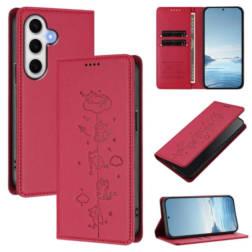 Rfid-Blocking Leather Flip Wallet Case For Samsung Galaxy S23 Fe 5G Â Playful Cats Embossed, Magnetic Closure, Card Holder, Red 9482726219163