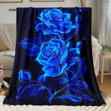 Blue Rose Dark HD Printed Flannel Blanket - Soft Warm Travel Camping Sofa Bed Throw Gift, 280GSM, 30x40/50x60/60x80in