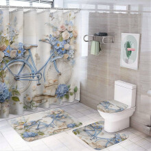 Ensemble rideau de douche 4 pièces avec motif floral en papier et vélo bleu