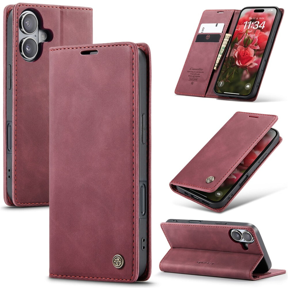 Caseme Leather Flip Wallet Case For Compatible With Iphone 17 Â Wine Magnetic Closure, Card Holder, Shockproof, Kickstand Red 9152228671003