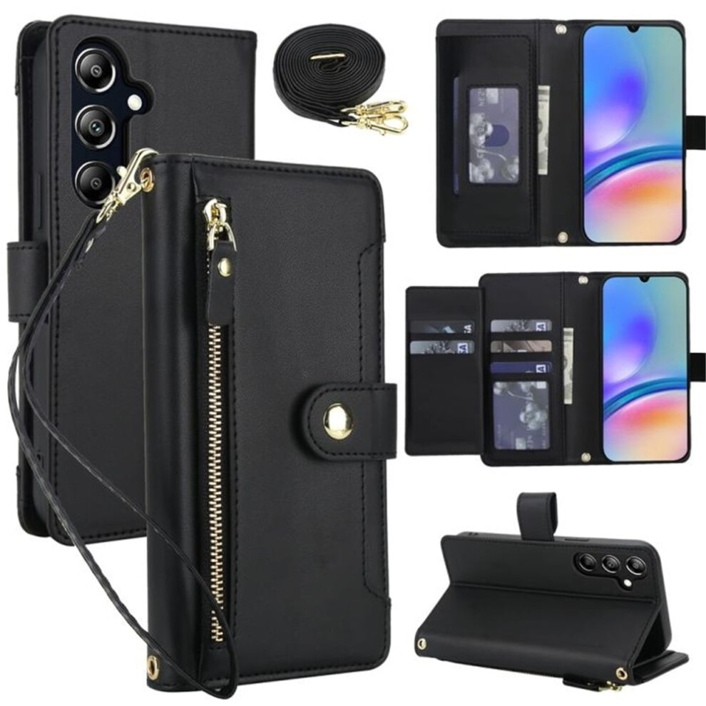 Rfid Blocking Wallet Case For Samsung Galaxy A05s 6.7" Â Shockproof, Multi-Card Slots, Zipper Pocket, Detachable Straps, Black 9152228671782