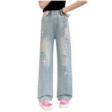 Teen Youth Casual Wide Leg Jean Pants for Girls Put On Denim Pants Bow Embroidery Trouser Girl Clothing Blue 9-10 Years