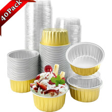 40-Pack Yellow Aluminum Foil Cupcake Liners, 5oz with Lids, Disposable Dessert Cups, Flan Molds & Mini Muffin Liners – Compatible with Standard
