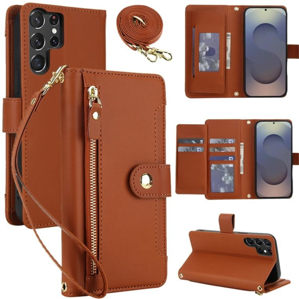 Rfid Blocking Wallet Case For Samsung Galaxy S24 Ultra 5GâShockproof, Multi-Card Slots, Zipper Pocket, Detachable Straps, Brown 9152228675261