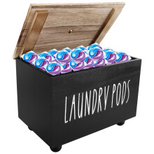 Wooden Laundry Pods Container with Lid – Compatible with All Laundry Pods, Stylish Dryer Sheet Holder for Laundry Room, Kitchen & Bathroom
