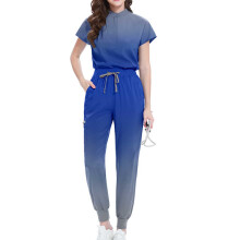 Women's Scrubs Set Blue Solid V-Neck Top and Drawstring