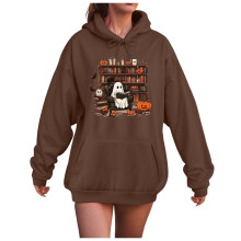 Túlméretezett Halloween kapucnis női pulóverek kerek nyakú, hosszú ujjú, boszorkány, tök, denevér, szellem mintás, barna, XL